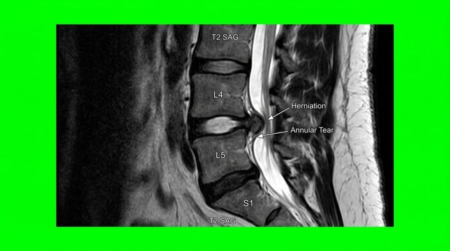 Lumbar spine mri scan showing disc herniation compression in sagittal view for medical analysis