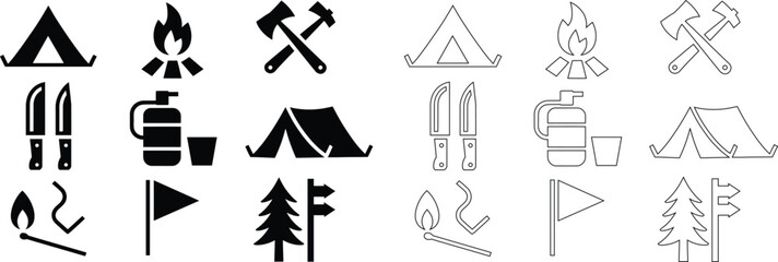 Fototapeta premium Set of camping and outdoor adventure icons in solid and line art styles for hiking and wilderness travel designs