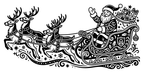 Santa Claus in ornate sleigh with reindeer delivering Christmas presents in line art style © Anna