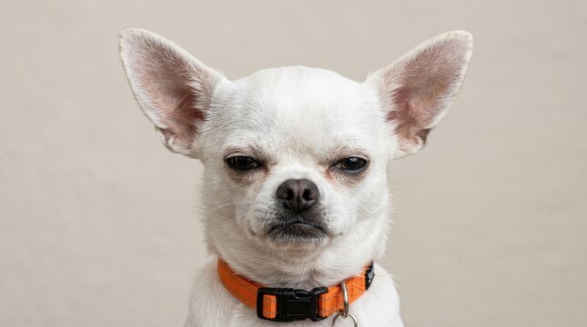 Close-up Portrait of a Grumpy White Chihuahua Dog with an Orange Collar Looking at the Camera