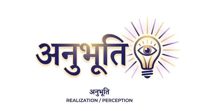 A blue hindi word ANUBHUTI meaning realization or perception with lightbulb eye.