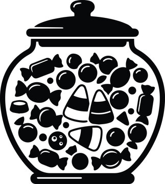 Glass candy jar filled with sweets lollipops and corn vector silhouette illustration for trick or treat halloween party design