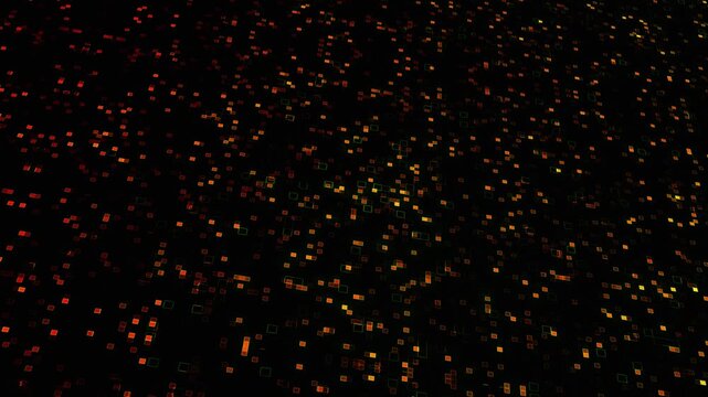 Glowing orange particles moving in dark void. Abstract digital matrix background with floating squares. Cyber security network data flow and futuristic technology.
