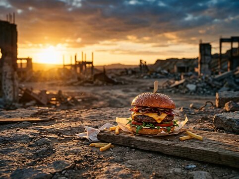 Delicious cheeseburger served on debris in a desolate post apocalyptic landscape