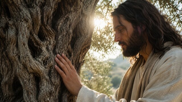 Jesus Christ touching ancient olive tree in quiet prayer reflecting faith hope peace and timeless spiritual wisdom