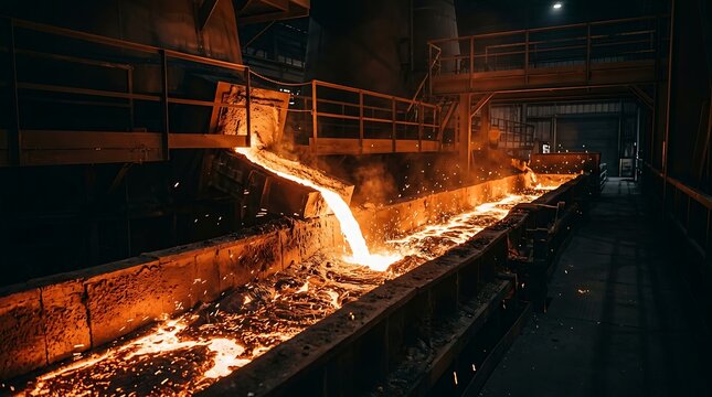 Molten iron pouring from industrial ladle into metal casting mold inside dark steel foundry production plant with glowing sparks and bright orange liquid metal creating extreme heat