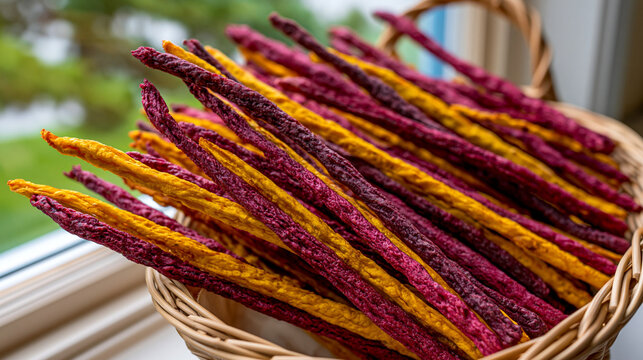 Basket filled with purple and yellow deep fried vegetable carrot fries purple carrots roasted vegeta