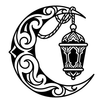 Crescent moon with hanging ornate Arabic lantern for Ramadan Kareem vector line art illustration