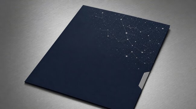 Dark navy blue presentation folder on titanium desk