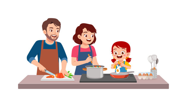Happy Asian family smiling and cooking together in the kitchen father mother and daughter preparing food
