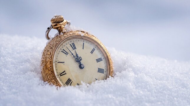 Vintage pocket watch buried in snow with Roman numerals