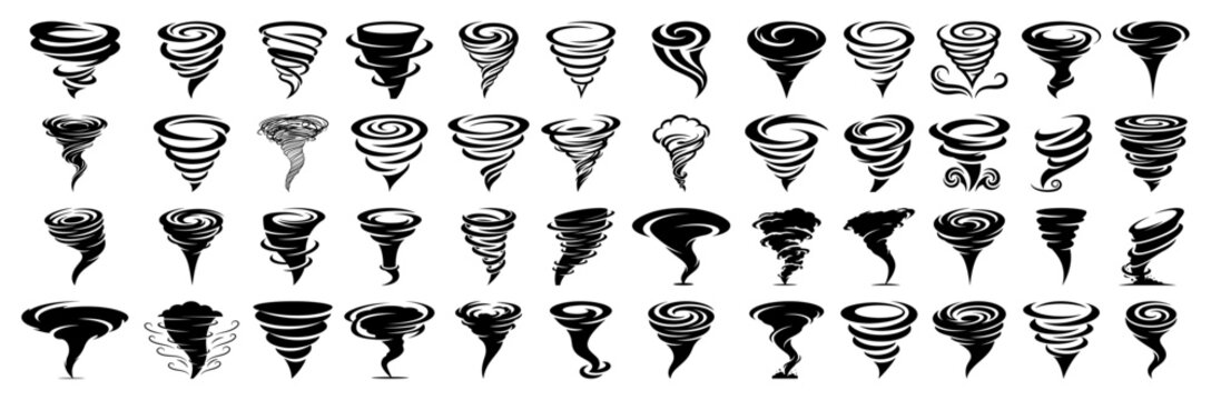 Tornado hurricane and whirlwind vortex icons set in black silhouette vector style