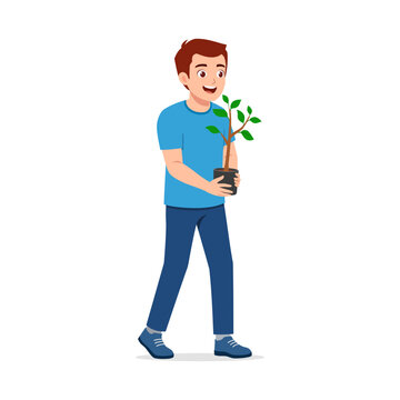 Happy young man carrying a small potted plant walking forward smiling broadly a cheerful illustration