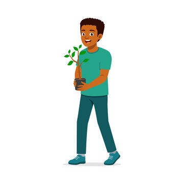 Happy African American man smiling and holding a small potted plant ready for planting illustration