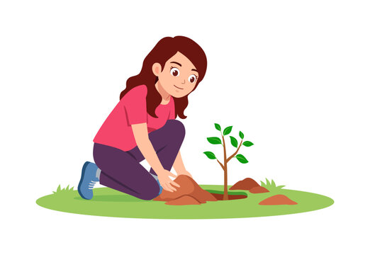 Young woman smiling happily planting a small tree in green grass with fresh soil on a white background