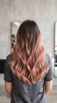 Adult woman with long wavy hair transitioning from dark brown to rose-gold  