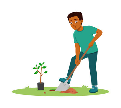 Young African American man smiling happily digging a hole to plant a tree sapling on green grass