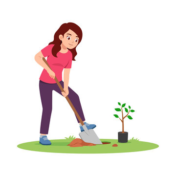 Happy young woman smiling digging a hole to plant a small tree seedling on green grass illustration