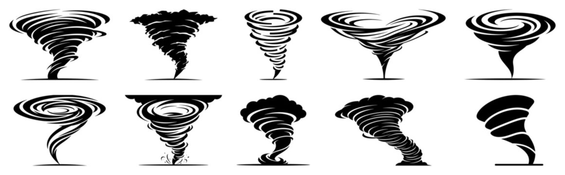 Tornado twister and dangerous storm funnel silhouettes collection vector illustration