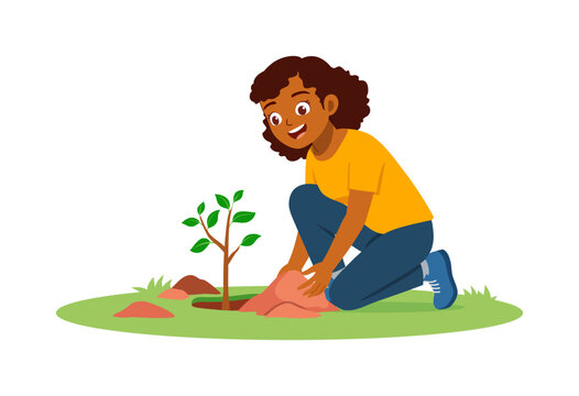 Happy Young Black Woman Planting a Small Tree on Grass Showing Care for Nature and Environment