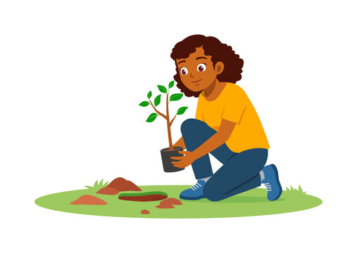 African American girl happily planting a small tree seedling in the garden showing a joyful expression