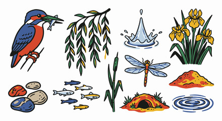 Obraz premium Cute Hand-Drawn Diving Kingfisher and Riverbank Willow 10 Objects 5-Color Doodle Set