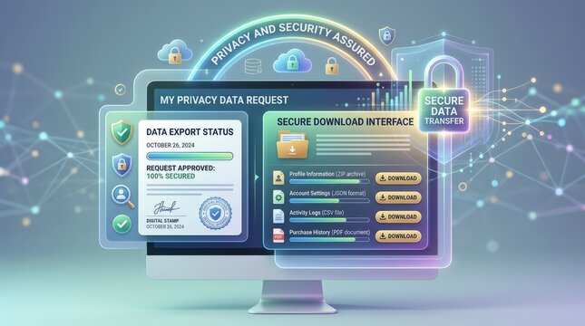 Secure data transfer and privacy assured digital interface with cloud security icons and desktop computer