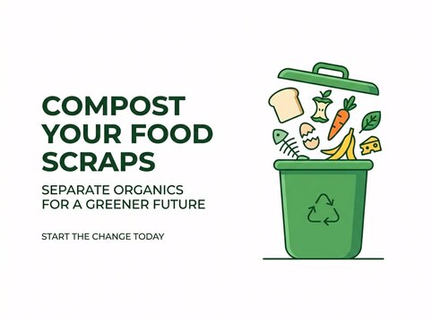 Compost your food scraps poster with a green organic waste bin and food items