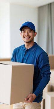 Smiling delivery worker holding a cardboard box in blue uniform for courier service banner and website background use