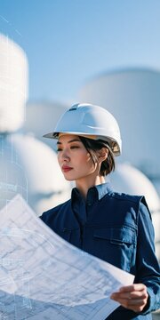 Female engineer in hardhat holding plans in front of storage tanks for industrial background and corporate banner design