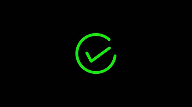 Minimalist green checkmark icon with circular outline animation isolated on a solid black background video