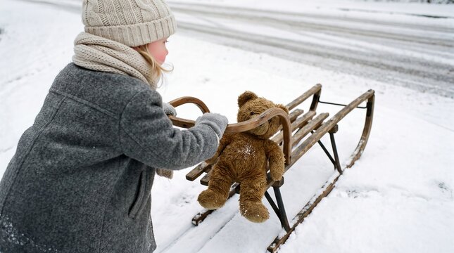 Child with Teddy Bear on Wooden Sled in Winter Snow