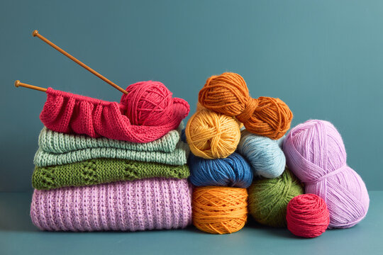 Colorful balls of yarn and handmade knitted garments arranged on a table, showcasing knitting, textile crafts, creativity and handmade fiber art.
