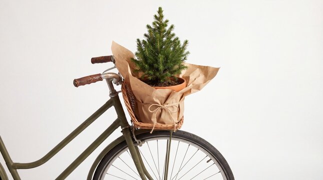 Small evergreen tree in wicker basket on vintage bicycle