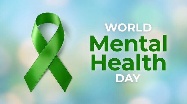 World mental health day awareness ribbon with text on a blurred blue background symbolizing hope and support for mental wellbeing