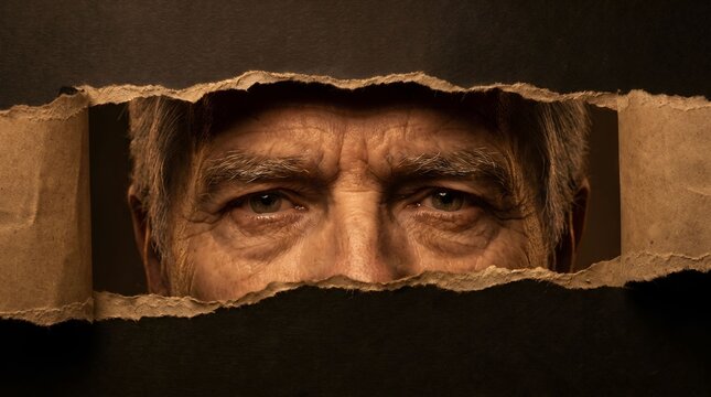 man looking through a hole in a wall