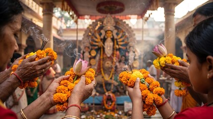 Fototapeta premium Devotees offering marigold garlands to Durga Puja idol in temple during evening ritual with vibrant lighting