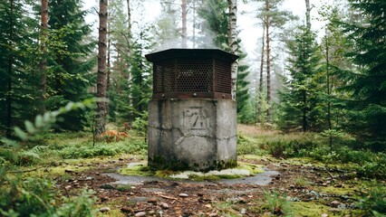 Obraz premium Old concrete water reservoir with wooden top in lush green forest setting