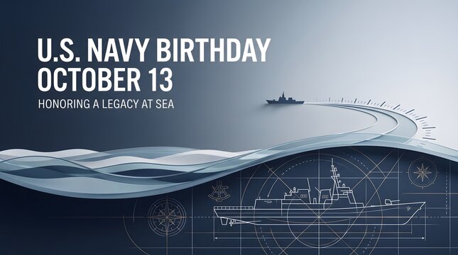 Navy banner honoring U.S. Navy Birthday on October 13 with ship silhouettes and blueprint graphics.