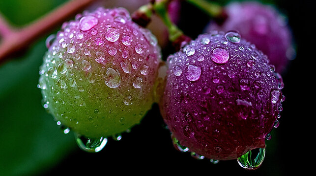 Fresh purple and green grapes covered in morning dew drops macro photography with water drops