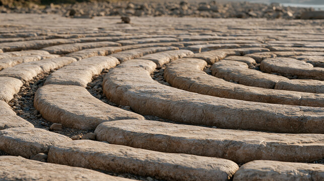 Fossilized river stones arranged in ancient curved pattern across dry watercourse floor, geological history, prehistoric riverbed, sediment layers, paleontology context, rock