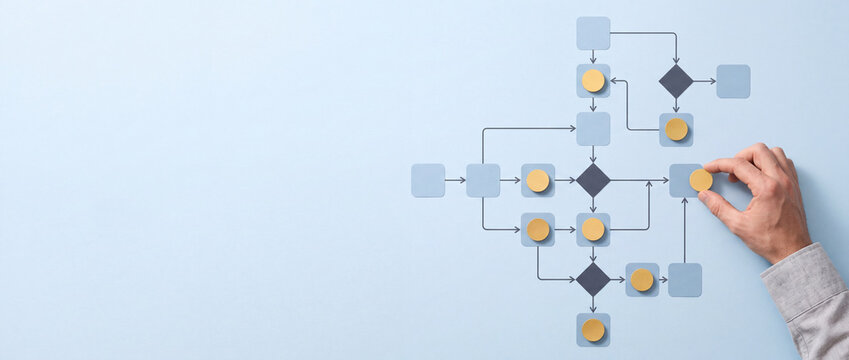 Hand organizing complex business workflow diagram with yellow markers on blue background, depicting process optimization and strategic planning logic.