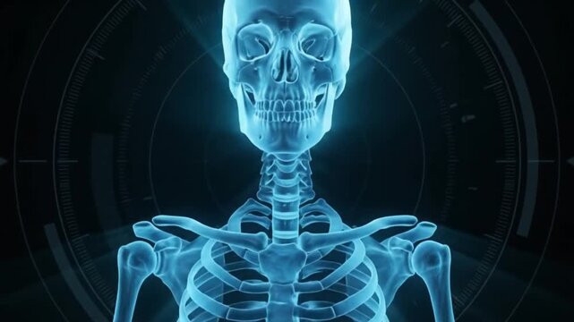 Holographic Human Skeleton Anatomy X Ray Scan Medical Technology Concept Blue Glow