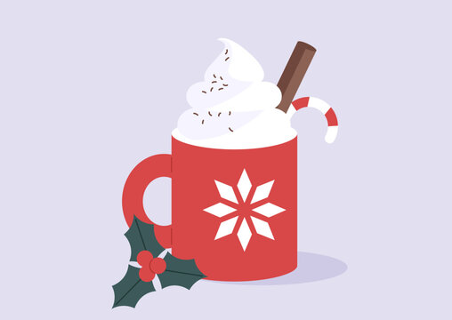 A cozy scene features a red mug filled with rich hot chocolate, topped with fluffy whipped cream, a candy cane, a cinnamon stick, and decorated with a holly sprig, perfect for the holiday season.