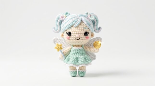 Cute crochet tooth fairy doll with magic wand and wings isolated on white background