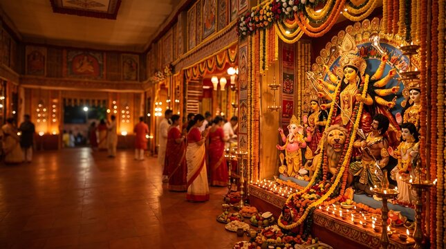 Devotees participating in durga puja rituals inside elaborately decorated temple hall with golden idols