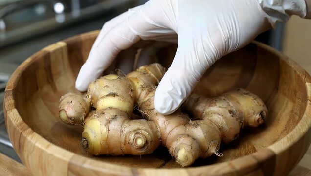 Aromatic 4K culinary ingredient video highlighting a whole knobby ginger root sitting inside a small wooden bowl emphasizing the spicy Asian cooking rhizome derived from the Zingiber officinale