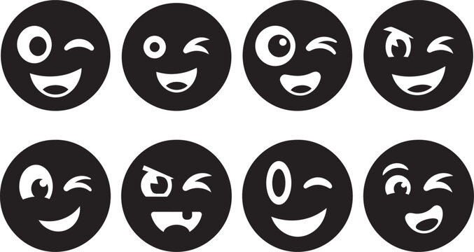 Set of black and white emoticons showing various funny facial expressions and winking