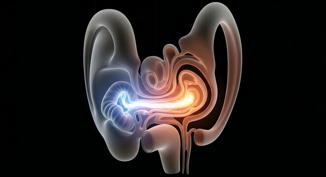 Anatomical illustration of the human inner ear and auditory system