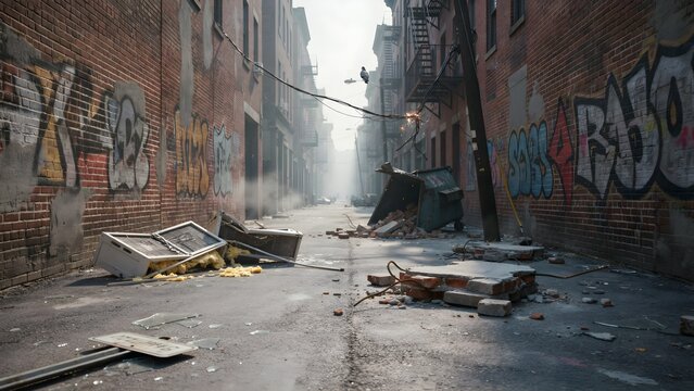 Abandoned urban alleyway with debris and graffiti in a neglected neighborhood